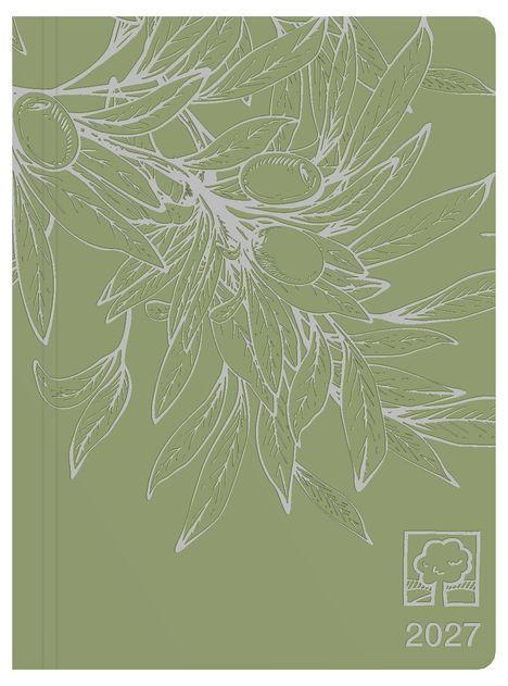 2027. Ein geprägtes Olivenbaum-Design mit Blättern und Oliven auf grünem Hintergrund, mit stilisiertem Baumsymbol.