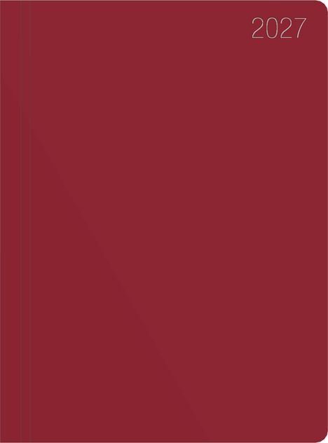 Text oben rechts: "2027". Einfarbiger, dunkelroter Hintergrund.