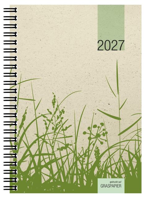 Text "2027", "gedruckt auf GRASPAPIER". Illustration von grünem Gras auf beigem Hintergrund. Spiralbindung links.
