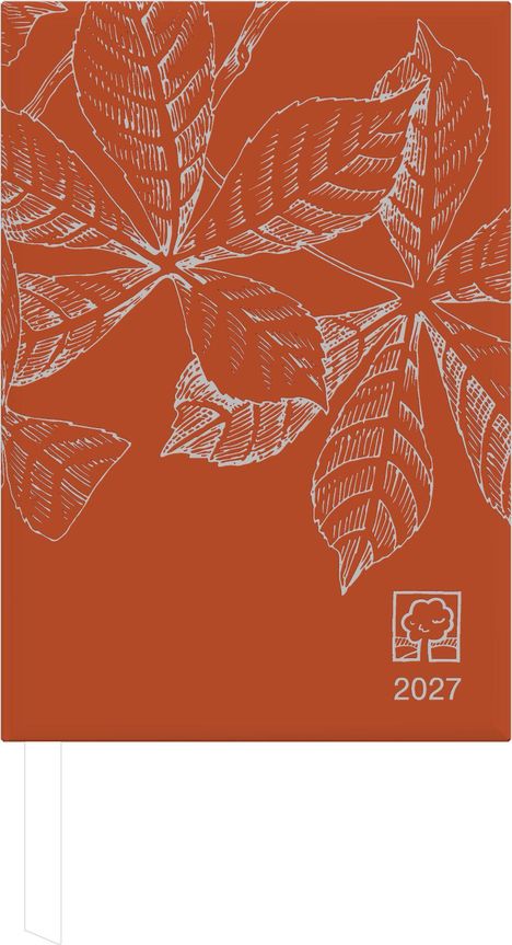 "2027" erscheint rechts unten neben einem Baum-Logo. Blätterillustration in Weiß auf orangem Hintergrund.