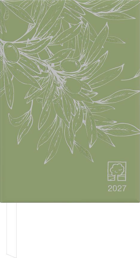 2027, Logo mit Baum. Illustration von Olivenzweigen auf olivgrünem Hintergrund.