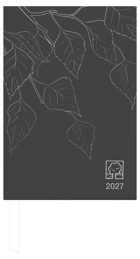 "2027" und Baum-Logo unten rechts. Oben Blätterlinie, darunter dunkelgrauer Hintergrund.