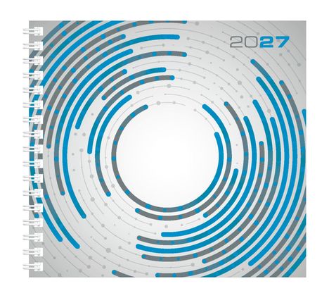 Text: "2027". Spiralen aus blauen und grauen Linien in Kreisen, ein Notizbuch mit Spiralbindung.