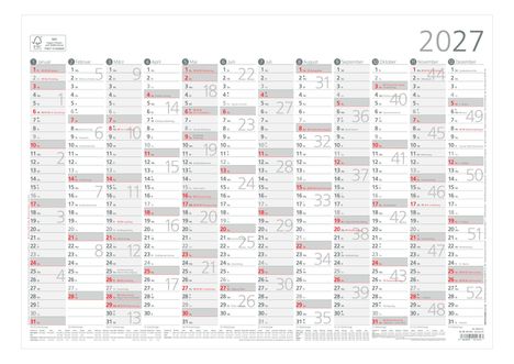 Kalender für 2027, Monate und Tage in Spalten, Feiertage in Rot, Wochenenden hervorgehoben. Oben rechts steht „2027“.