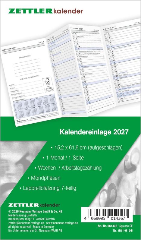 Kalendereinlage 2027, 15,2 x 61,6 cm, 1 Monat/Seite, Wochen-/Arbeitstagezählung, Mondphasen, Leporellofalzung 7-teilig.