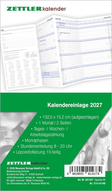 "Kalendereinlage 2027, 132,0 x 15,2 cm (aufgeschlagen), 1 Monat / 2 Seiten." Ein Kalenderblatt und ein Logo.