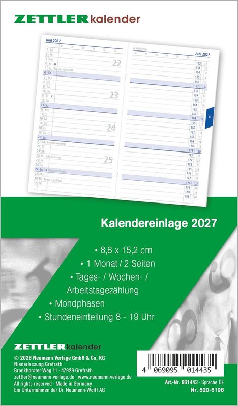 ZETTLERkalender. Kalendereinlage 2027: 8,8 x 15,2 cm, 1 Monat/2 Seiten, Tages-/Wochen-/Arbeitstagezählung, Mondphasen, 8-19 Uhr.