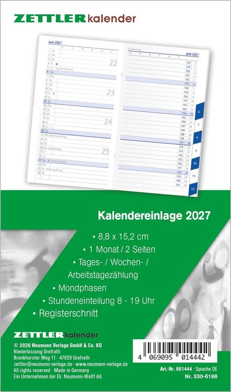 Text: ZETTLERkalender Kalendereinlage 2027. Format und Details zur Nutzung eines Kalenders. Enthält eine Barcode.
