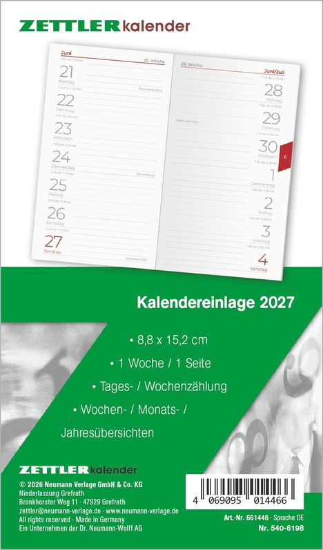 "Zettler kalender", "Kalendereinlage 2027", "8,8 x 15,2 cm", "1 Woche / 1 Seite", Barcodes unten.
