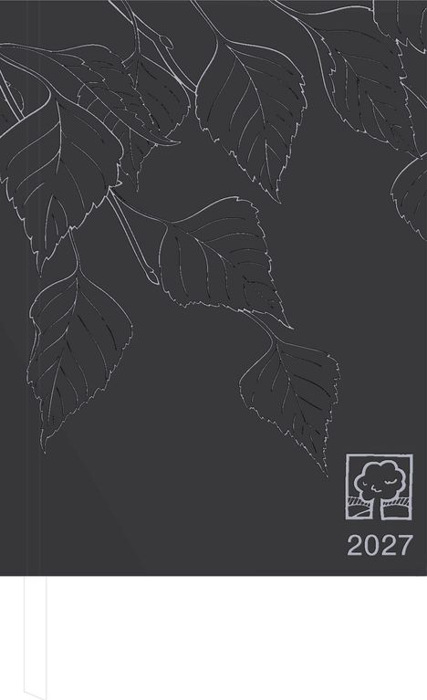 Unten rechts steht "2027" neben einem stilisierten Baumlogo. Hintergrund mit gezeichneten Blättern.