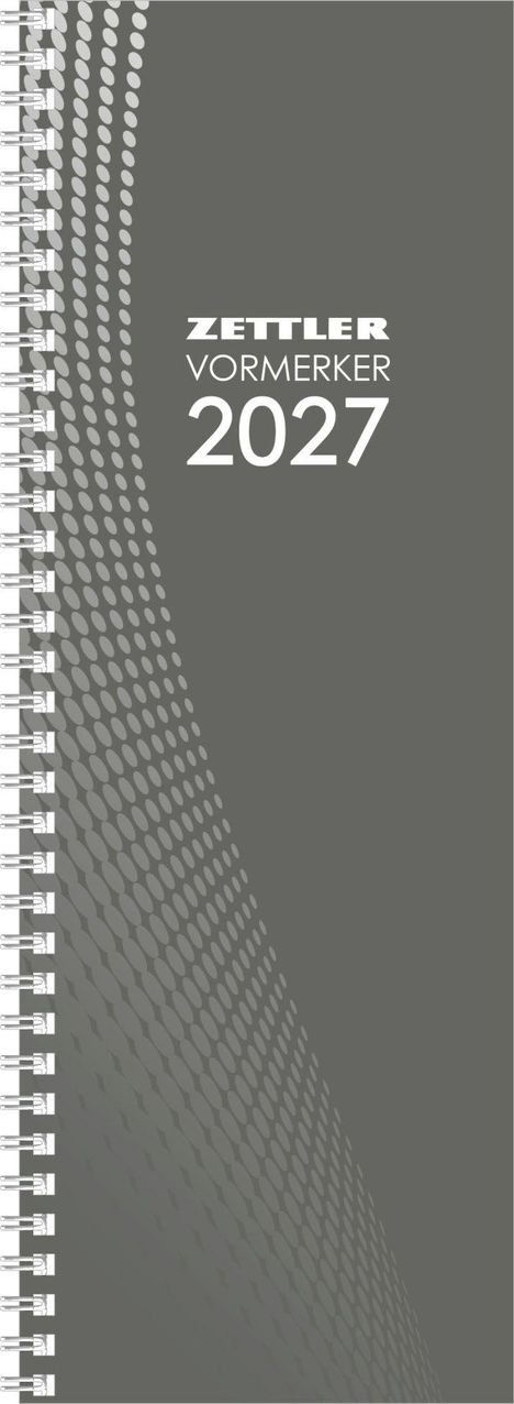 Zettler Vormerker 2027. Grauer Einband mit spiralförmigen, weißen Punkten und Spirale links.