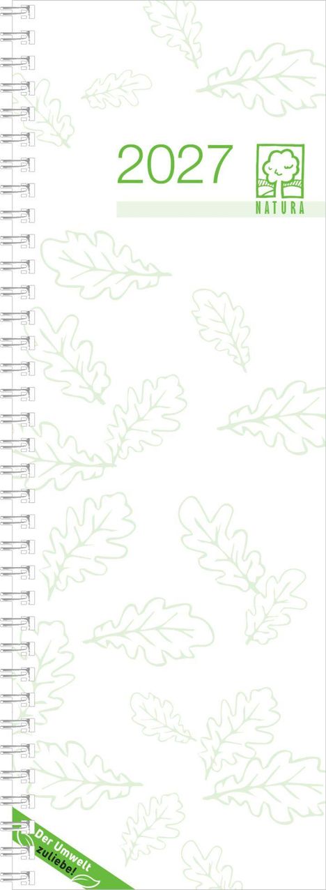 2027, NATURA Logo: Baum in einem Quadrat. Hellgrüne Eichenblätter außen, Spiralbindung links.