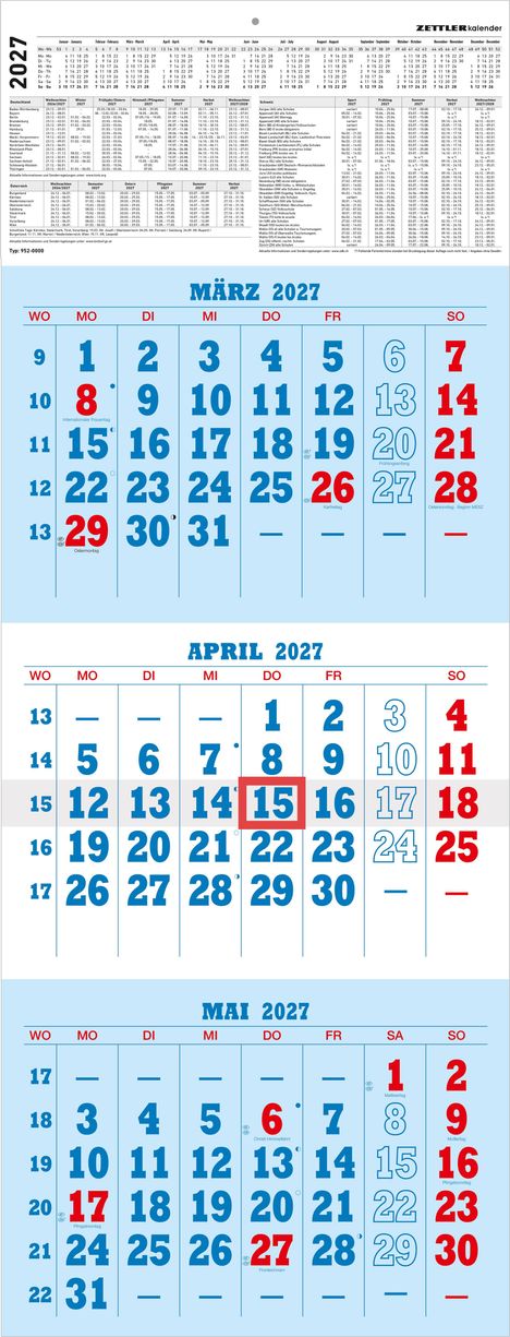 Kalender für 2027 mit Monatsübersicht für März, April und Mai. Feiertage in Rot markiert, Sonntage ebenfalls in Rot.
