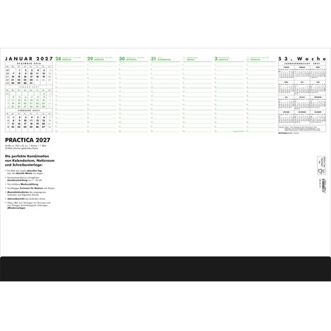 Kalender für Januar 2027. Oben links: Monatsübersicht. Rechts: Wochenplan und Jahresübersicht. Text zu Eigenschaften.