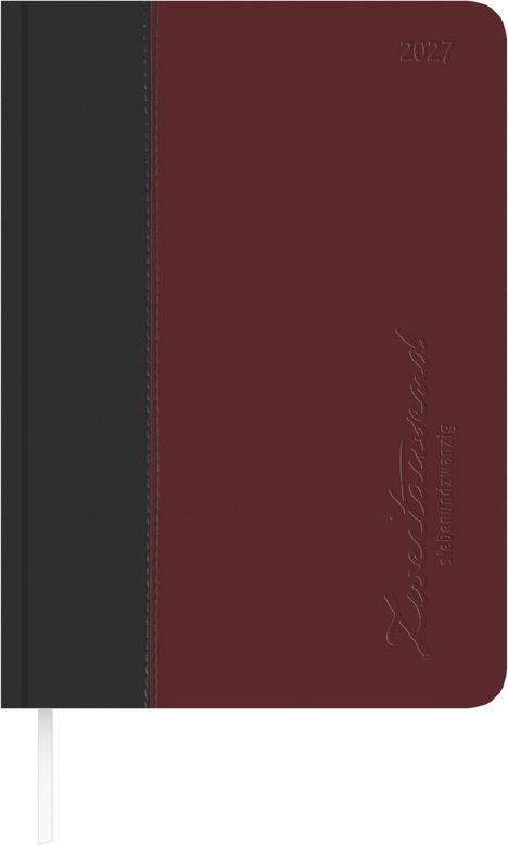 Oben rechts steht "2027". Unten in Schnörkelschrift "zweitausend siebenundzwanzig". Buchdeckel in Rot und Schwarz.