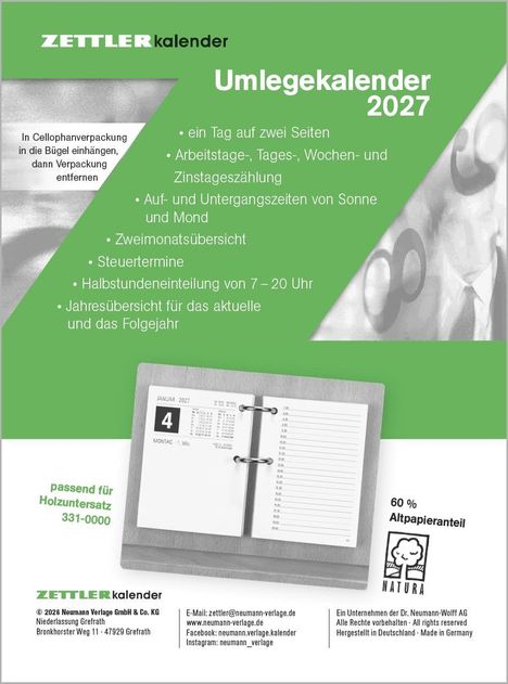 ZETTLER kalender Umlegekalender 2027. Enthält Details zu Arbeitszeit, Termine und Sonnenzeiten. Natura-Logo unten rechts.
