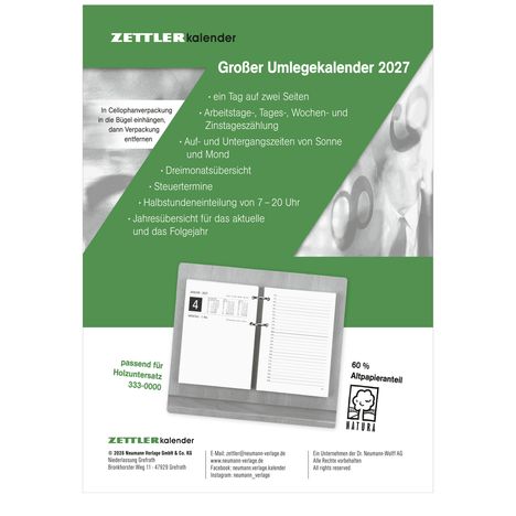 "Großer Umlegekalender 2027", enthält Tageszeiten, Steuertermine, Jahresübersicht. Passend für Holzuntersetzer. 60 % Altpapier.