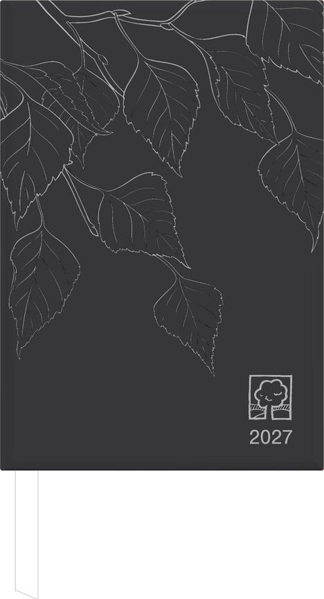 Text "2027" unten, daneben ein Baumsymbol. Äste und Blätter zeichnen sich filigran auf dunklem Hintergrund ab.