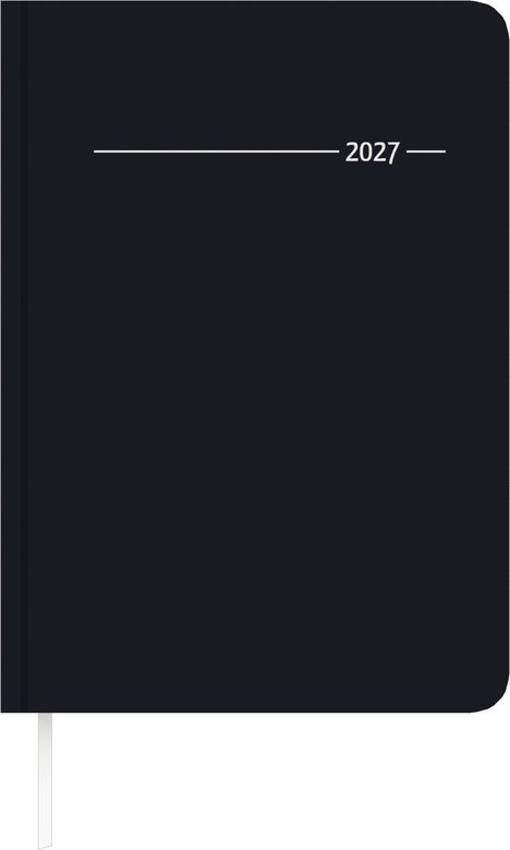 Text: "2027". Schwarze Notizbuchabdeckung mit weißem Lesezeichenband unten. Minimalistisches Design.