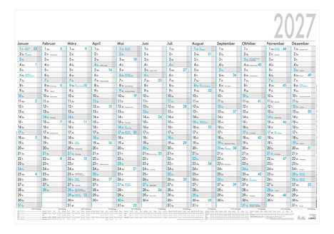 Ein Kalender für das Jahr 2027 mit Feiertagen und Kalenderwochen in einer übersichtlichen Tabelle.