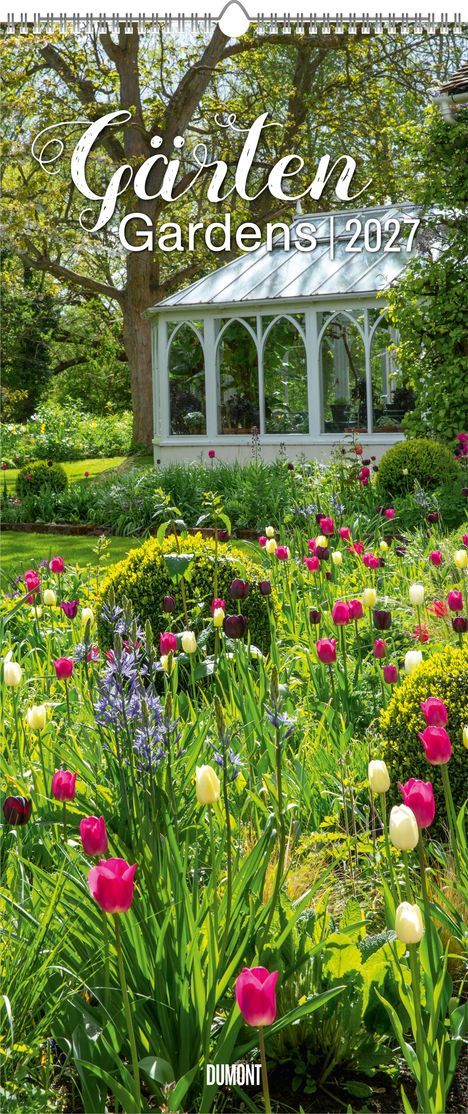 „Gärten | Gardens | 2027“, darunter farbenfrohe Blumen in einem sonnigen Garten vor einem gläsernen Pavillon.