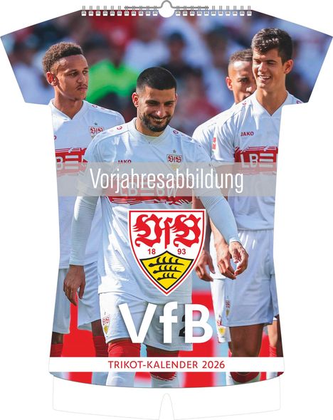 Text: "Vorjahresabbildung", "VfB", "TRIKOT-KALENDER 2026". Fußballer in weißen Trikots, VfB Stuttgart Logo prominent.