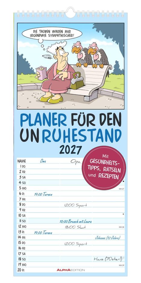 Planer für den Unruhestand 2027. Oma denkt: "Die Tauben waren mir irgendwie sympathischer!" Illustration mit Rentnerin.
