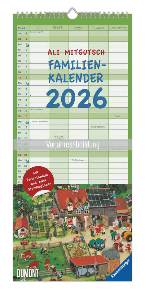 "ALI MITGUTSCH FAMILIEN-KALENDER 2026" in grünem Kalenderformat, Illustration eines belebten Bauernhofs.
