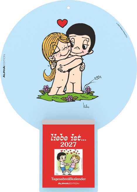 "liebe ist... 2027" und "Tagesabreißkalender" auf rotem Hintergrund. Illustration: Umarmendes Paar mit Herz.
