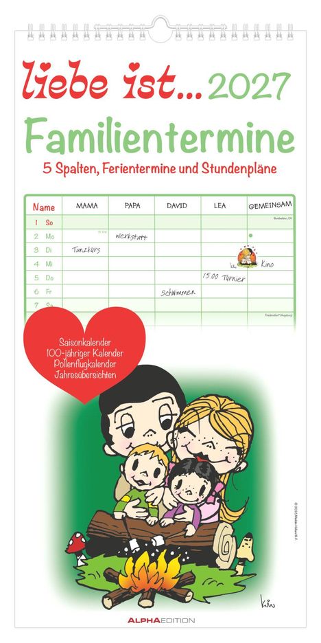 "liebe ist... 2027 Familientermine. 5 Spalten, Ferientermine und Stundenpläne." Illustration: Familie am Lagerfeuer.