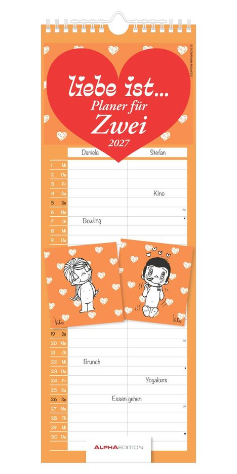 Liebe ist... Planer für Zwei 2027. Kalenderseite mit Terminen und zwei Cartoonfiguren auf orangefarbenem Hintergrund.