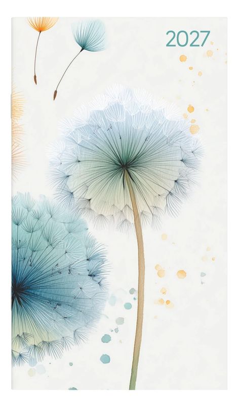 Text "2027" oben rechts. Illustration von pastellfarbenen Pusteblumen, einige Samen fliegen weg.