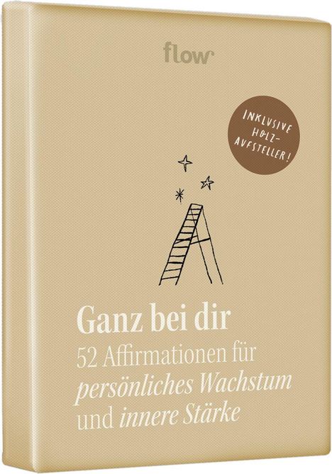 "flow" oben, "Ganz bei dir" unten. Illustration: Leiter zu Sternen. Runde Plakette: "Inklusive Holzaufsteller!".