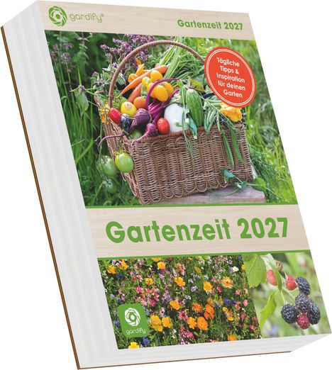 "Gartenzeit 2027", "Tägliche Tipps & Inspiration für deinen Garten". Ein Korb mit frischem Gemüse, darunter Karotten und Tomaten.