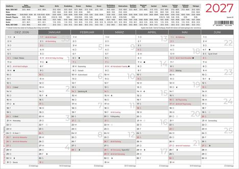 Kalender für 2027, zeigt Monate Dezember 2026 bis Juni 2027, Feiertage in Rot. Tabellen mit Schulferien oben, Jahrzahl rechts.
