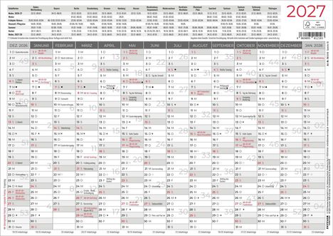 Ein Kalender für 2027 mit Feiertagen. Oben Ferienzeiten der deutschen Bundesländer. Feiertage in rot markiert.