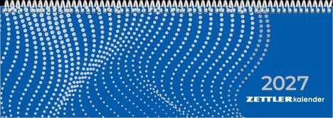 Text: "2027 ZETTLER kalender." Gestaltung: Weiße Punkte auf blauem Hintergrund in wellenartigem Muster. Spiralbindung oben.