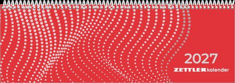 2027 ZETTLER kalender auf rotem Hintergrund mit weißen, wellenförmigen Punkten und Spiralbindung oben.