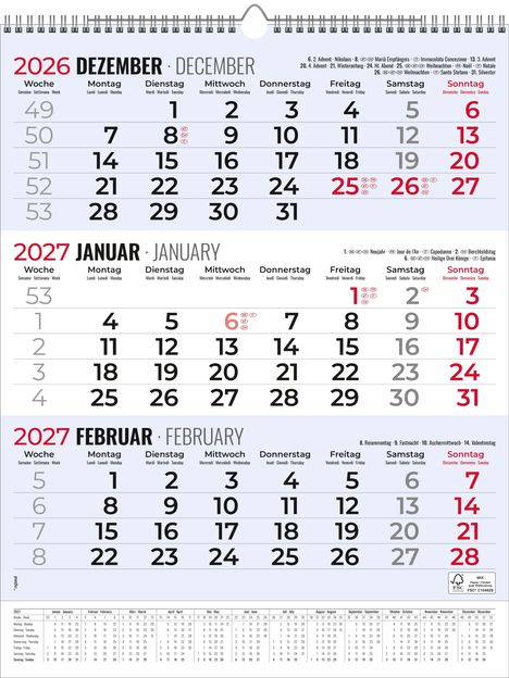Kalender für Dezember 2026 bis Februar 2027. Tage und Wochen nummeriert, Sonn- und Feiertage rot markiert. Deutscher Feiertagskalender.