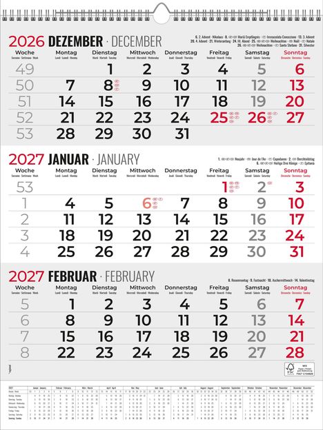 Kalender für Dezember 2026 bis Februar 2027. Wochentage oben, Tage in großen Ziffern, Sonntage in Rot. Feiertage vermerkt.