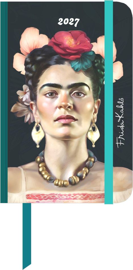 "2027" steht oben, "Frida Kahlo" an der Seite. Eine porträtierte Frau mit Blumen im Haar und Schmuck.