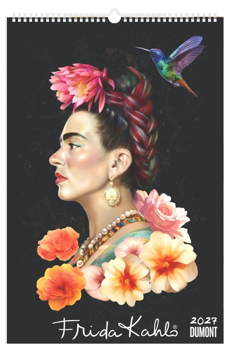 "Frida Kahlo", "2027", "Dumont". Illustration: Porträt einer Frau mit Blumen und buntem Vogel.