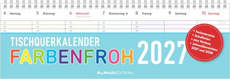 "Tischquerkalender Farbenfroh 2027" in bunten Buchstaben, Tagesübersicht von Montag bis Sonntag, roter Kreis mit Infos.