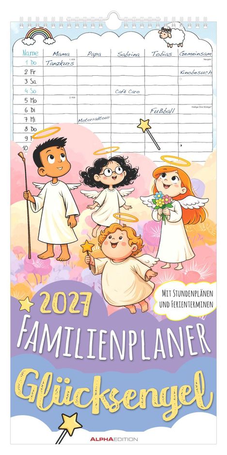 "2024 FAMILIENPLANER Glücksengel" oben Kalenderblatt mit Namen und Aktivitäten. Illustration fröhlicher Engel.