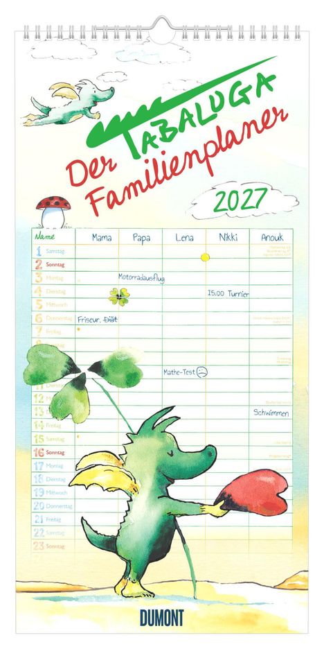 Text: „Der Tabaluga Familienplaner 2027“, „Mama, Papa, Lena, Nikki, Anouk“. Illustration zeigt Tabaluga mit Herz.