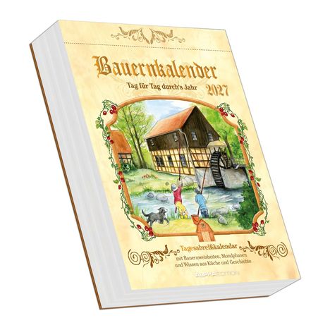 "Landkalender Tag für Tag durchs Jahr 2027". Illustration: Fachwerkhaus, Mühlrad, Männer beim Fischen am Fluss.