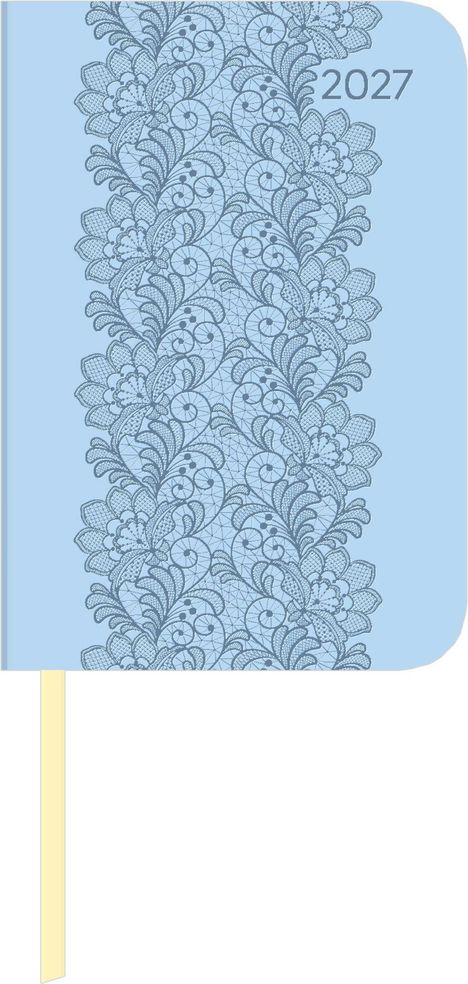 "2027" oben rechts; ein florales Spitzenmuster in Blau auf hellblauem Hintergrund, mit einem gelben Lesezeichen.