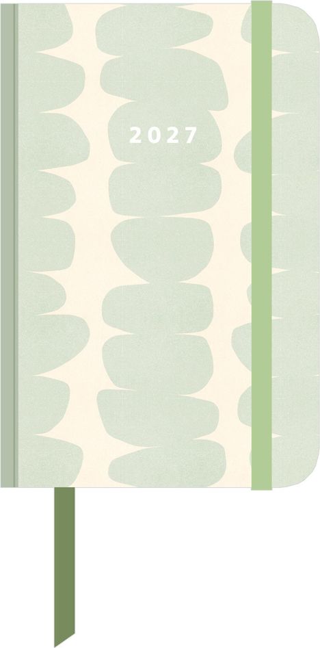 "2027" zentriert auf stilisiertem Notizbuch mit hellgrünem, organischem Muster und grünem Verschlussband.
