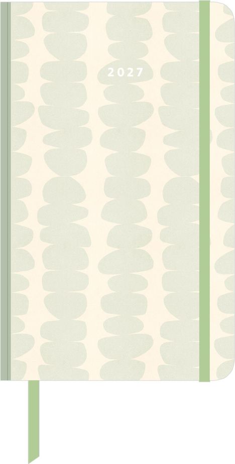 Text "2027"; hellgrüne, ovale Muster auf hellem Hintergrund; grünes Band und Einband.