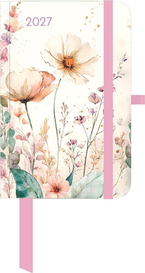 "2027" in lila Schrift. Illustration: Blumen und Blätter in sanften Pastelltönen mit rosa Akzenten.